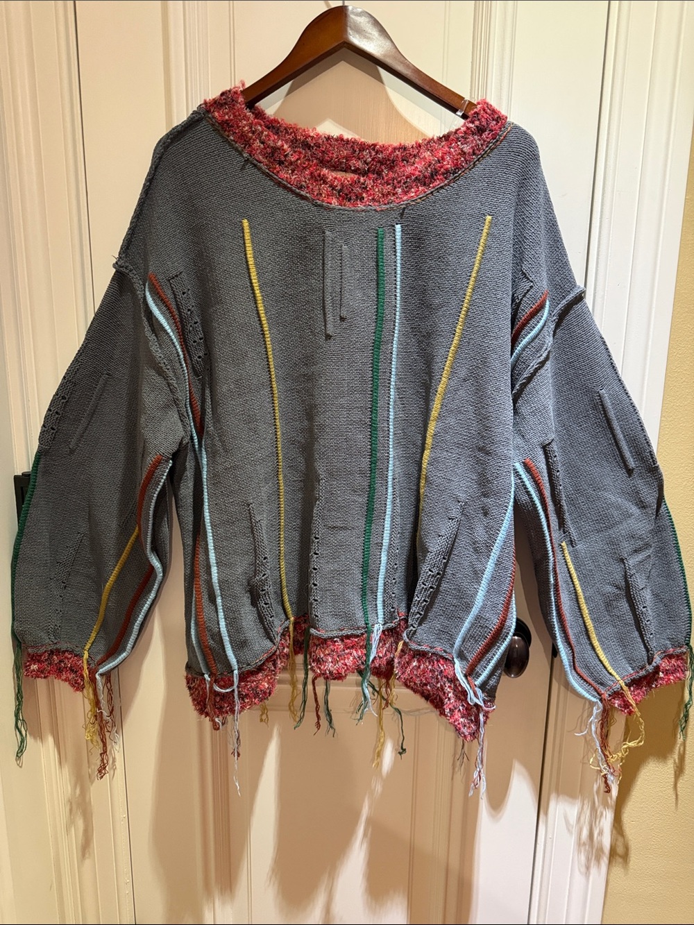POL Gray Knit Fringe Sweater w/ Multicolor Stripes & Chenille Trim-NWOT-Sz L
